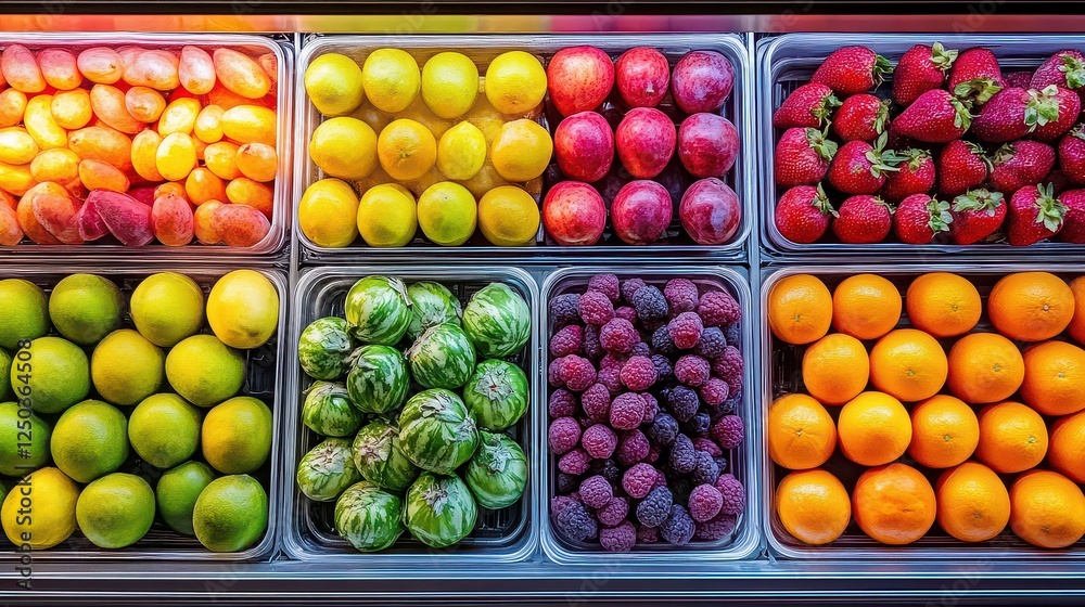 A vibrant display of fresh fruits arranged neatly in a market setting, showcasing variety A vibrant display of fresh fruits arranged neatly in a market setting, showcasing variety