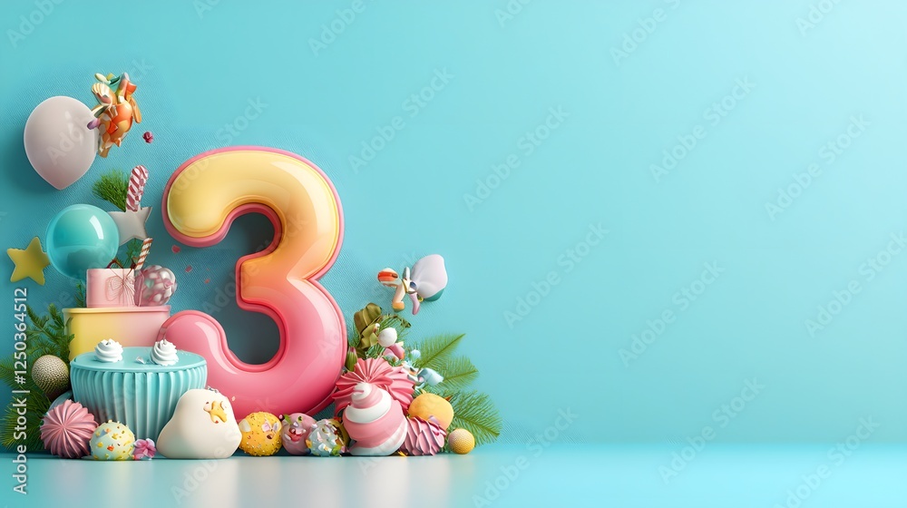 Naklejka premium Cheerful birthday party with colorful cake balloons confetti and other festive Vibrant and joyful scene for a special milestone or anniversary event
