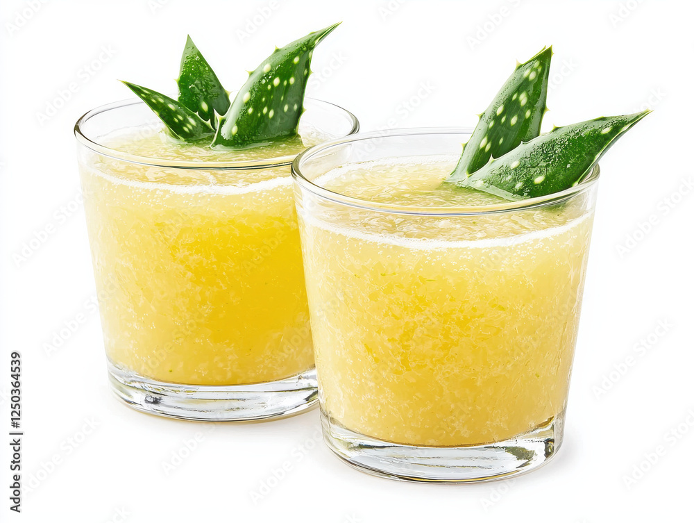 Refreshing aloe vera juice in glasses with aloe leaves garnish Refreshing aloe vera juice in glasses with aloe leaves garnish