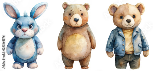 Cute animal characters, watercolor illustration, playful design, children's book art, vibrant colors, friendly expressions.