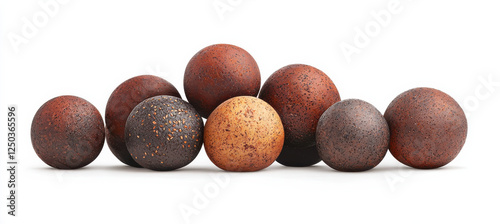 Chocolate truffles with rustic textures on white background