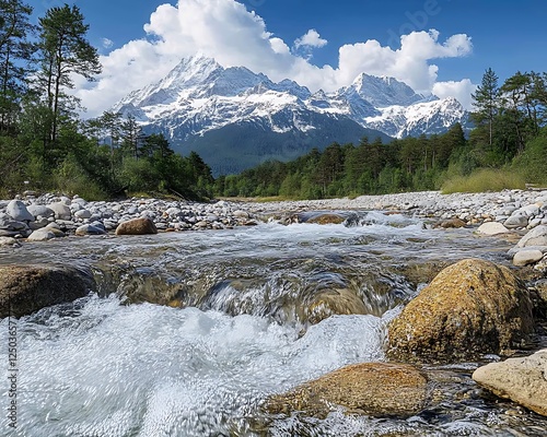 Mountain River Flowing Under Snowy Peaks photo