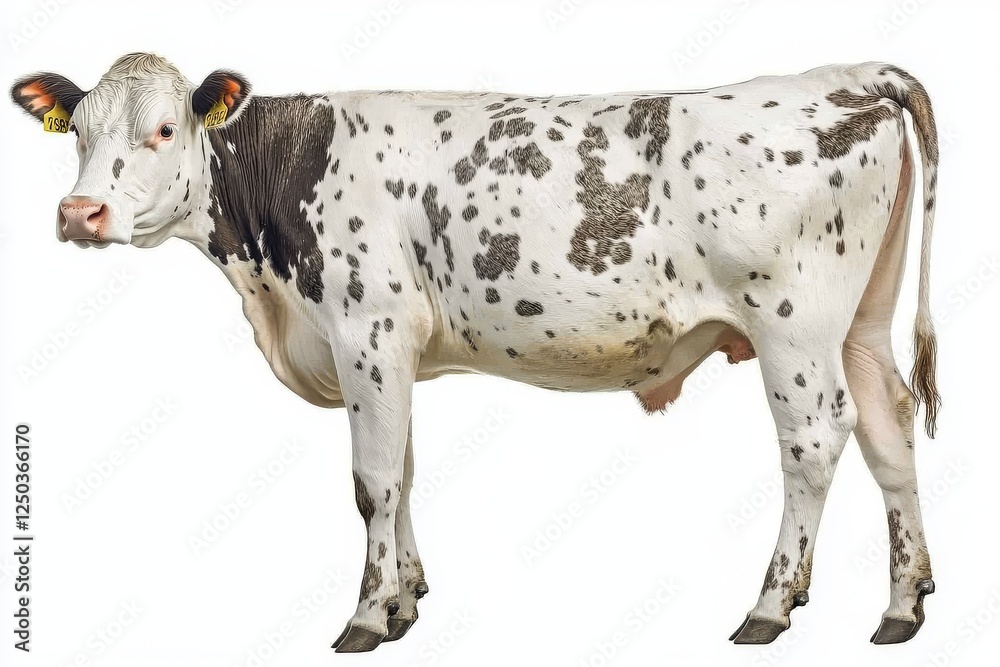 Black and white cow standing isolated on a white background, full-body side view with clipping path. Black and white cow standing isolated on a white background, full-body side view with clipping path.