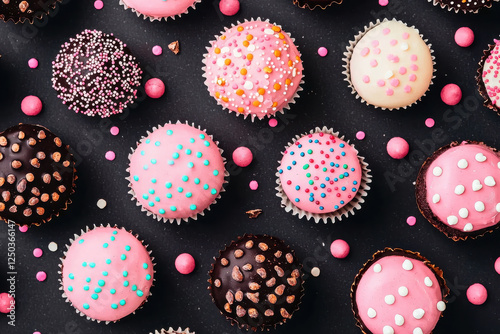 Colorful cupcakes with sprinkles on dark background