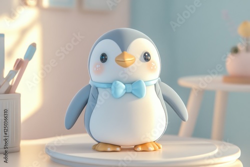 Adorable 3D rendered penguin figurine with a light blue bow tie, sitting on a white surface in a soft, sunlit room.