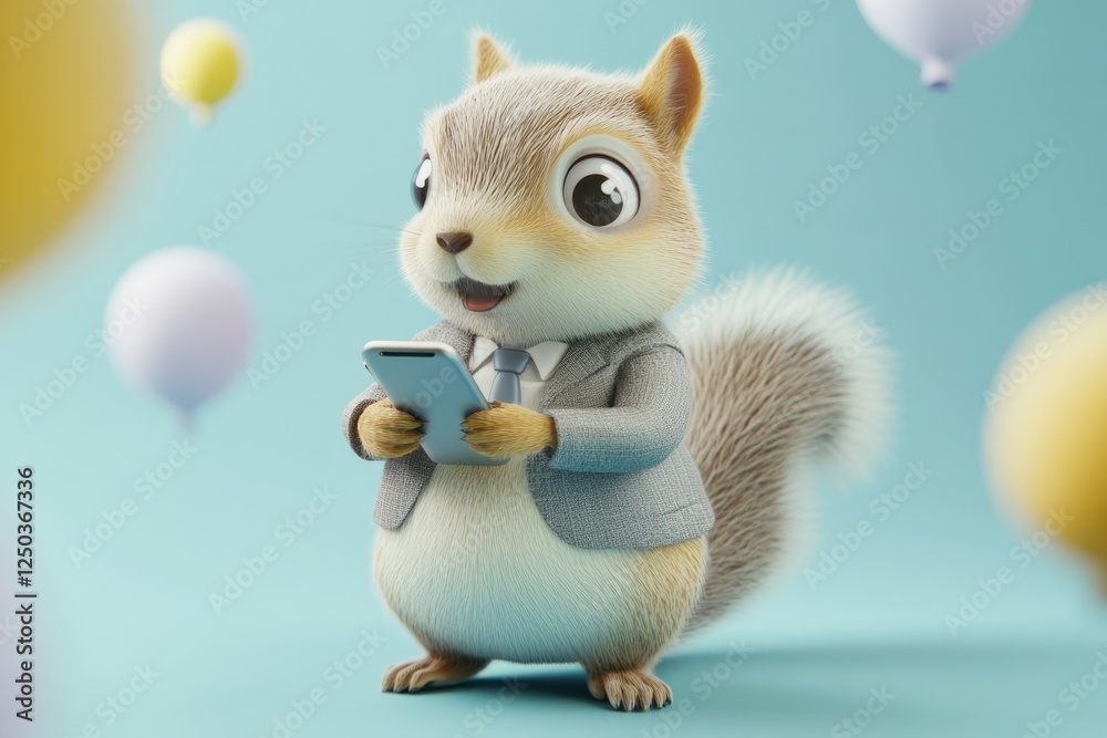 A cute cartoon squirrel in a suit uses a smartphone against a pastel background with balloons. A cute cartoon squirrel in a suit uses a smartphone against a pastel background with balloons.