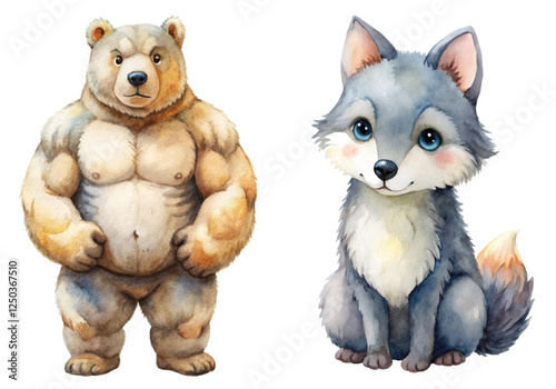 Cute animal illustrations, watercolor style, bear and wolf characters, playful design, children's book art.