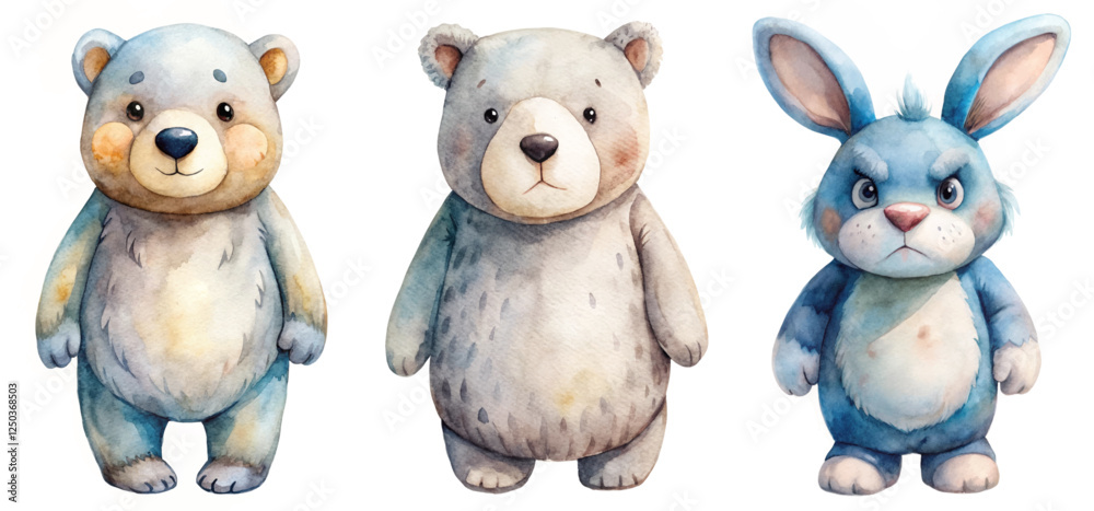 Fototapeta premium Cute animal characters, watercolor style, playful design, children's illustration, friendly bear and rabbit.