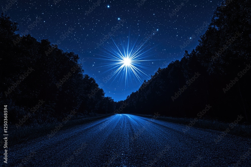 Fototapeta premium A starlit night scene on a dark road leading through a forest, illuminated by a bright star.