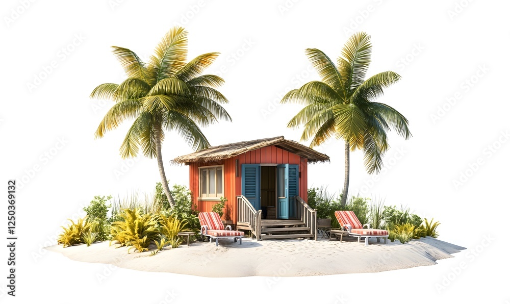 Fototapeta premium Tropical beach hut, island paradise, relaxation, sunny day, vacation getaway