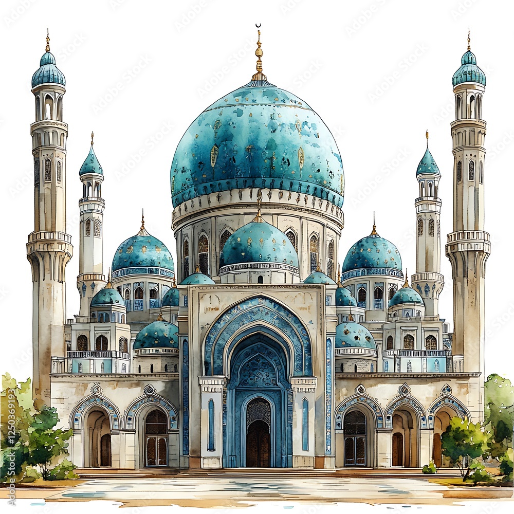 Obraz premium Beautiful Mosque Illustration, Watercolor Painting Graphic Design.