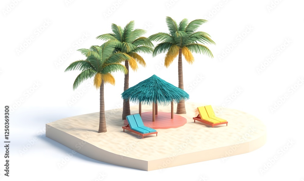 Fototapeta premium Tropical beach paradise relaxing lounge chairs under a thatched roof palapa
