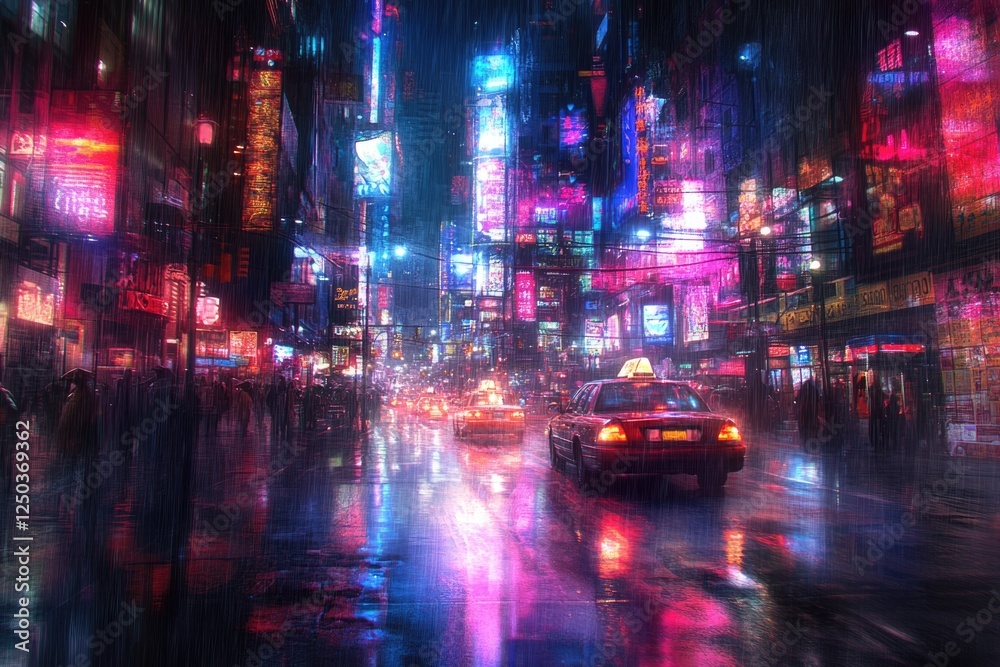Fototapeta premium Rain-slicked cyberpunk city street at night, vibrant neon signs reflecting on wet pavement, cars driving through.