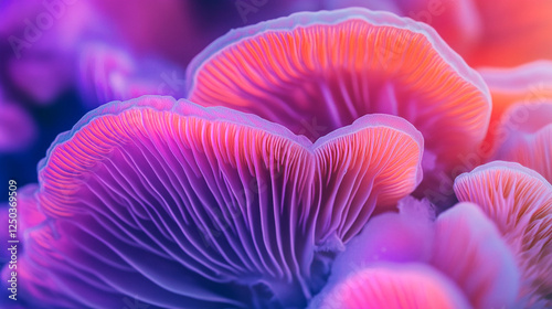 close-up image of natural colorful mushroom fungi with detailed spores photo