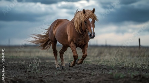A majestic horse galloping across an open field under a dramatic cloudy sky at dusk