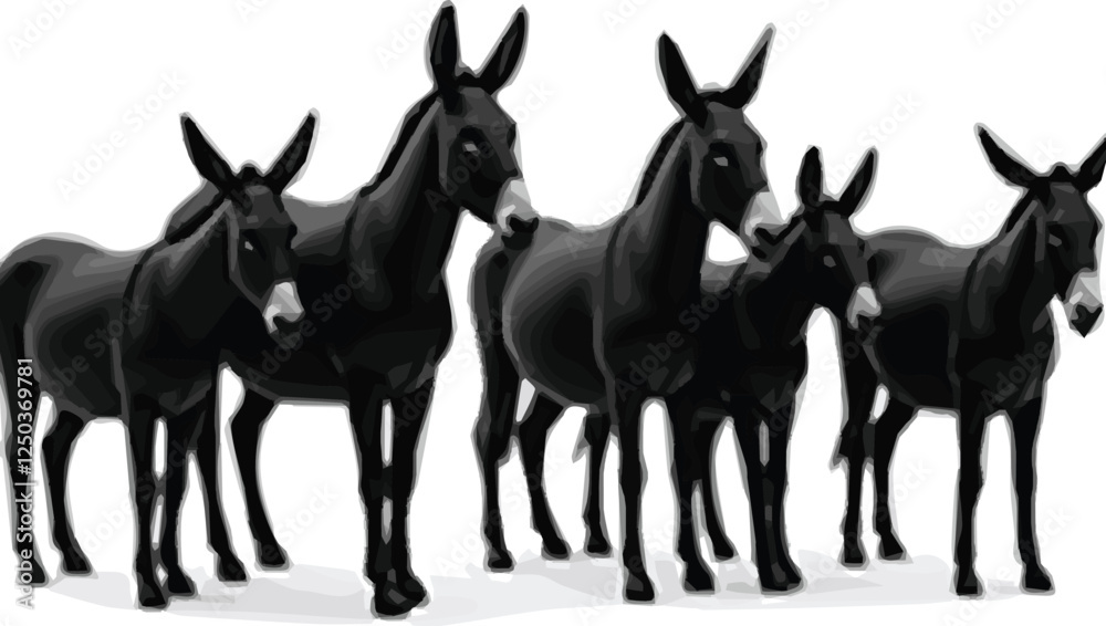 donkey silhouettes on the white background, Vector image of silhouette of donkey, set of donkeys silhouettes vector, on white background ,black Donkey silhouettes 
