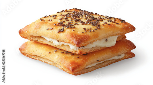 Crispy flaxseed crackers with creamy filling on white background