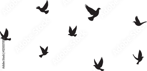 Flying birds silhouettes on white background. Vector illustration. isolated bird flying, Flocks of flying pigeons isolated on white background., pigeons silhouettes 