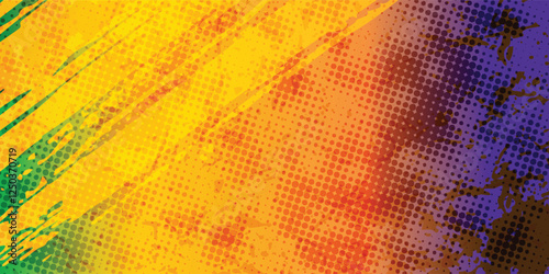 Yellow and blue background with grunge pattern and dots.