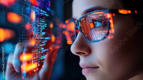 Woman With Glasses Interacting With a Futuristic Digital Interface Showing Lines of Code