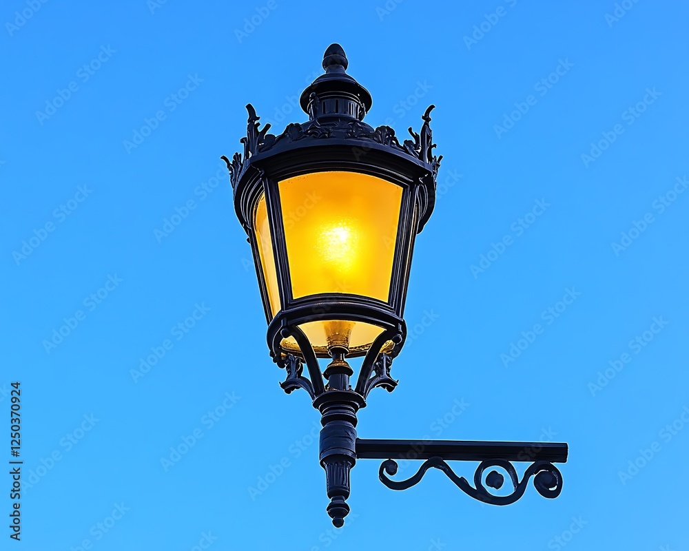 Fototapeta premium Ornate street lamp glows against blue sky