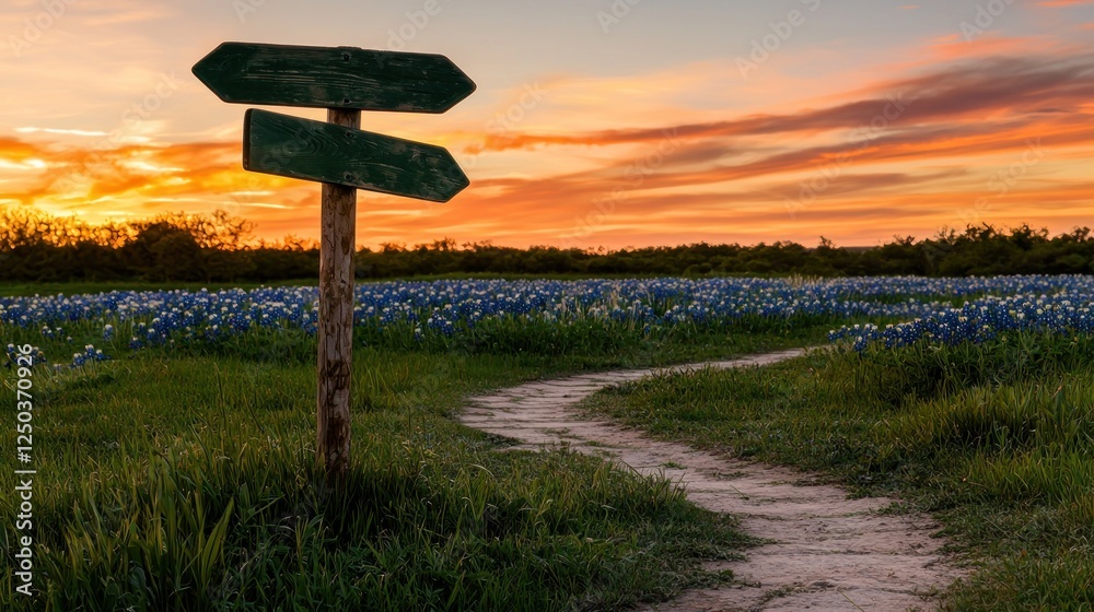 Scenic sunset over a vibrant wildflower field with a wooden signpost indicating paths Scenic sunset over a vibrant wildflower field with a wooden signpost indicating paths