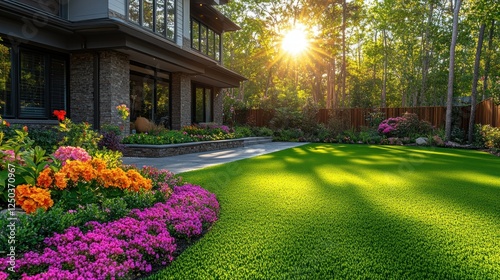 Luxurious Home with Landscaped Garden Bathed in Warm Sunlight