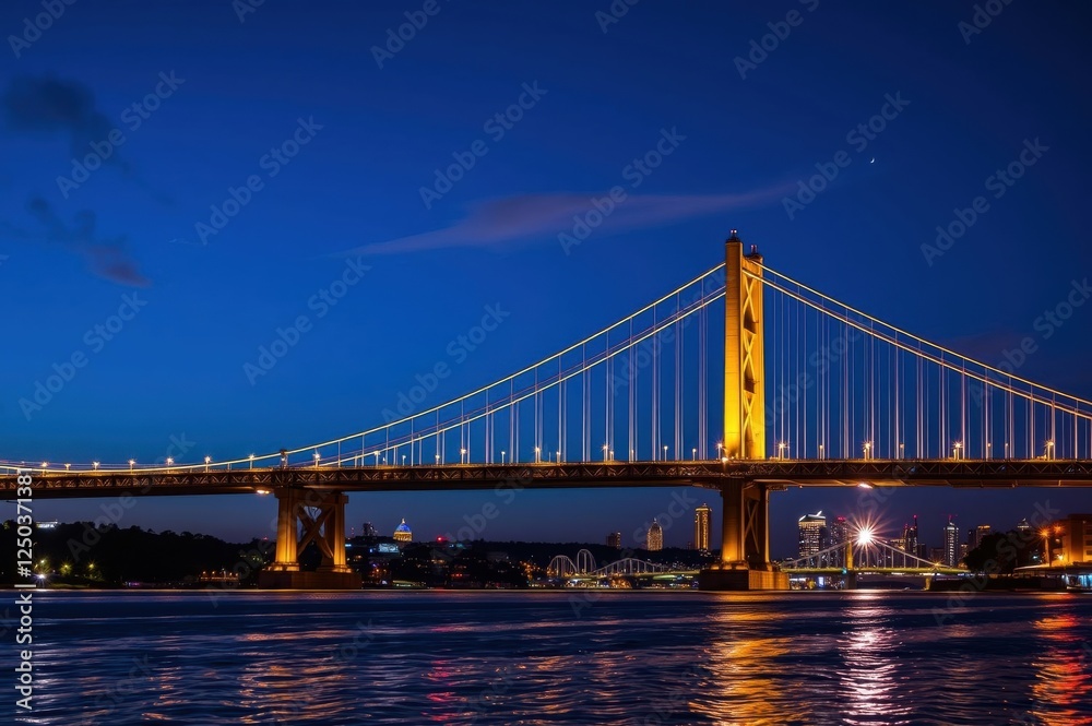 Fototapeta premium Night view of a suspension bridge over a river with city lights