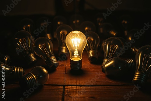One Illuminated Light Bulb Among Many Dark Bulbs on Wooden Surface photo