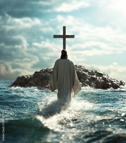 Jesus walking on water, stormy sky, religious scene, spiritual image, inspirational artwork