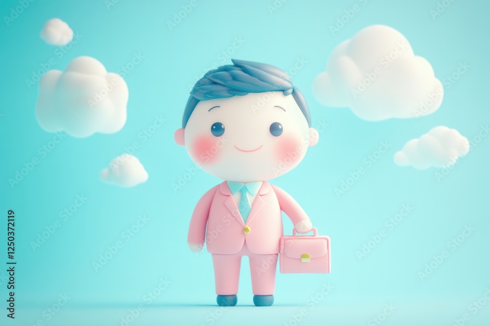 A cute cartoon businessman in a pink suit holding a briefcase against a light blue background with clouds.
