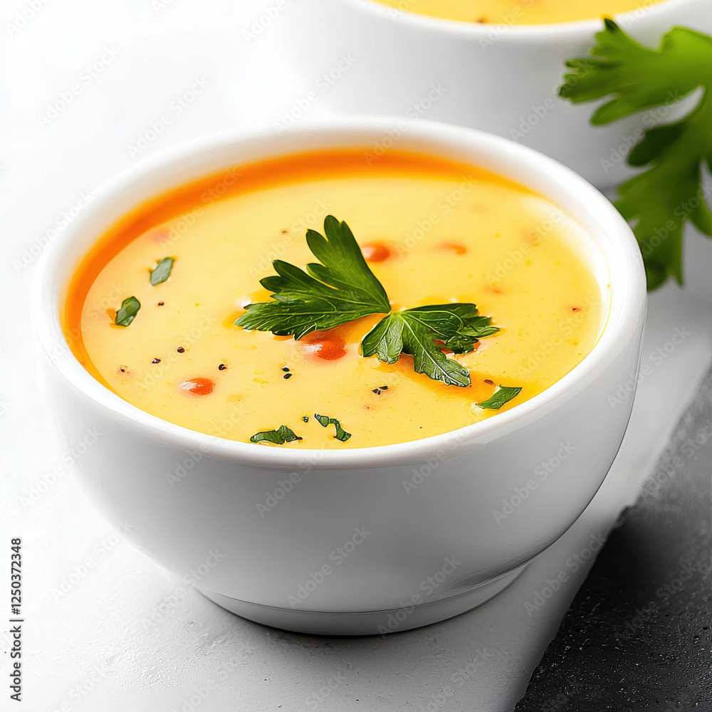 Creamy lentil soup garnished with parsley and spices Creamy lentil soup garnished with parsley and spices