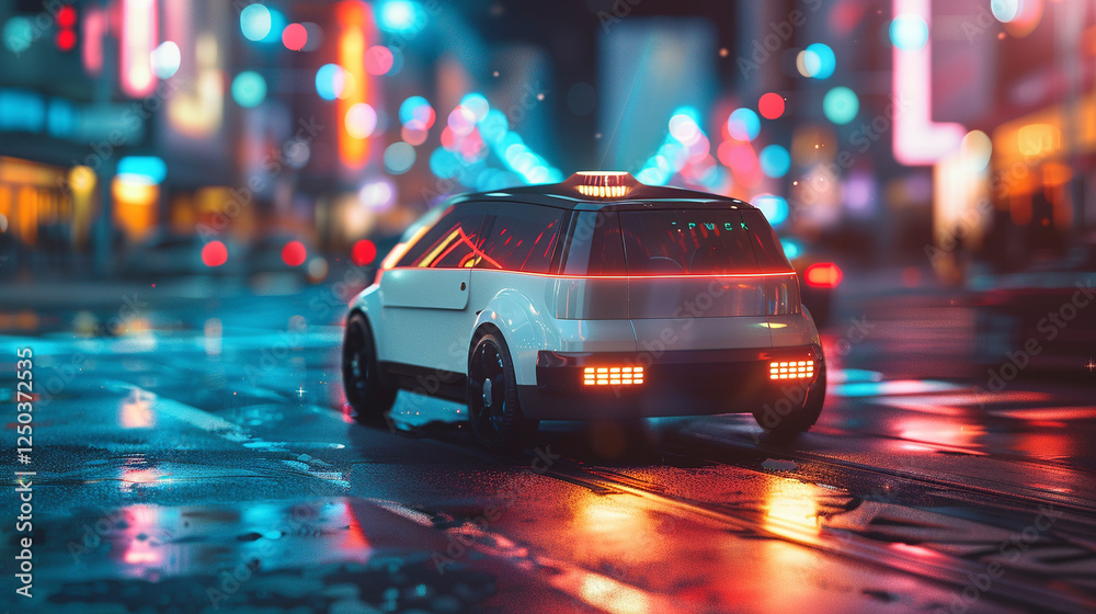 A futuristic autonomous EV taxi picking up passengers in a tech-driven metropolis, glowing city lights, minimalistic car design A futuristic autonomous EV taxi picking up passengers in a tech-driven metropolis, glowing city lights, minimalistic car design