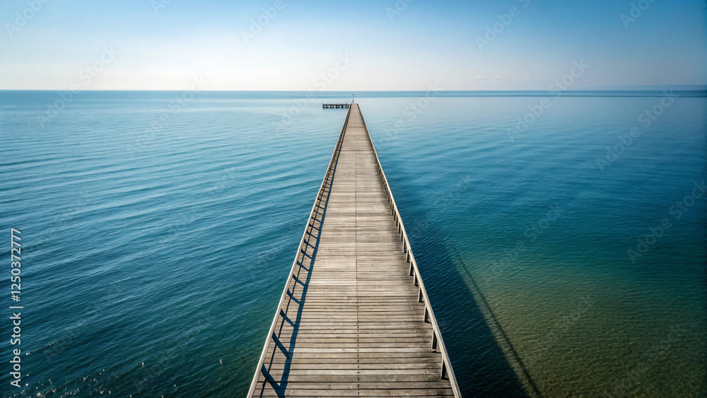 Fototapeta premium Tranquil Wooden Pier Extending Over Calm Blue Waters Under Bright Sky
