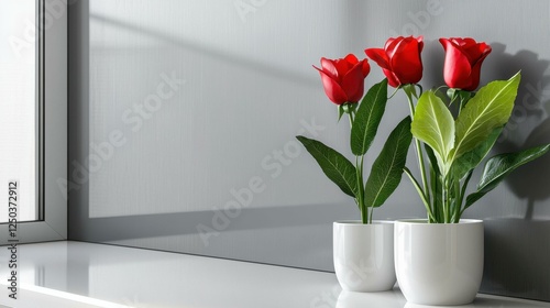 Vibrant red roses in modern white pots. photo