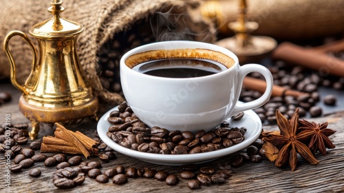 A steaming cup of coffee surrounded by beans. photo