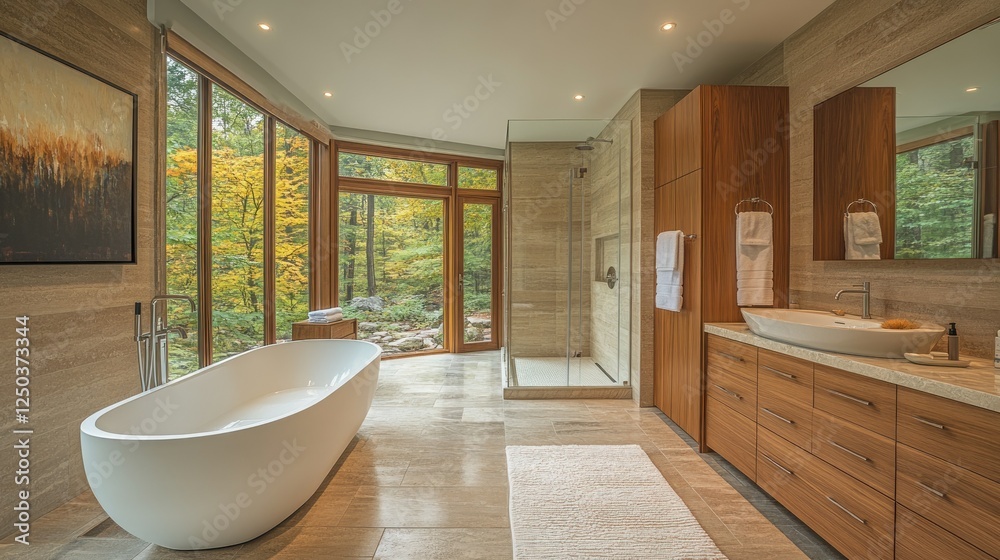 Fototapeta premium Serene Bathroom Sanctuary with Autumn Forest View and Luxurious Amenities