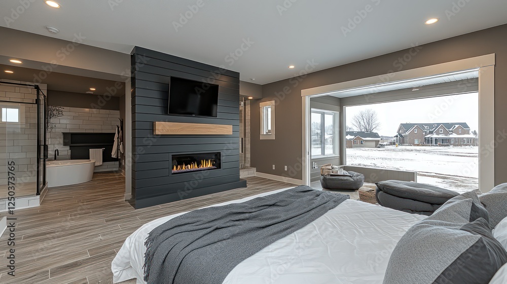Αυτοκόλλητο Contemporary primary bedroom sanctuary featuring fireplace and winter landscape