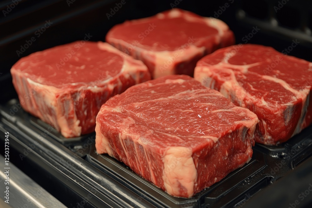 Fresh Raw Beef Steaks in Black Plastic Packaging on Display Fresh Raw Beef Steaks in Black Plastic Packaging on Display