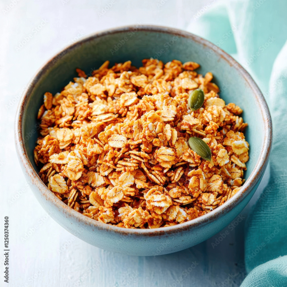 Crunchy granola with pumpkin seeds in blue ceramic bowl Crunchy granola with pumpkin seeds in blue ceramic bowl