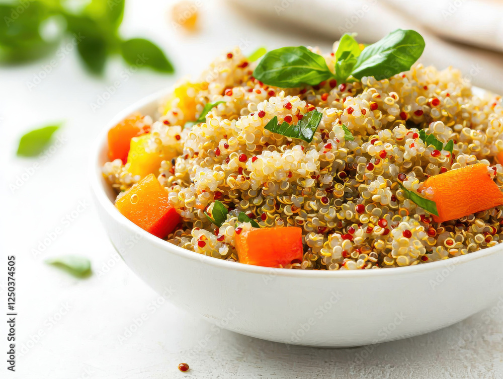 Quinoa salad with vegetables in white bowl on table Quinoa salad with vegetables in white bowl on table