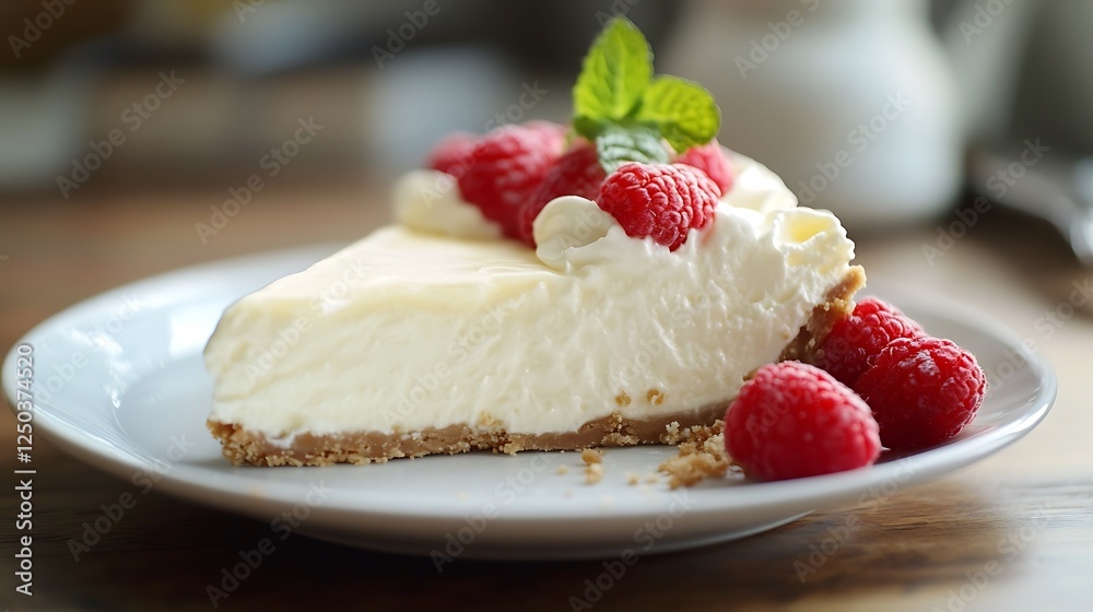 Creamy cheesecake slice with fresh raspberries and mint on a plate. Creamy cheesecake slice with fresh raspberries and mint on a plate.
