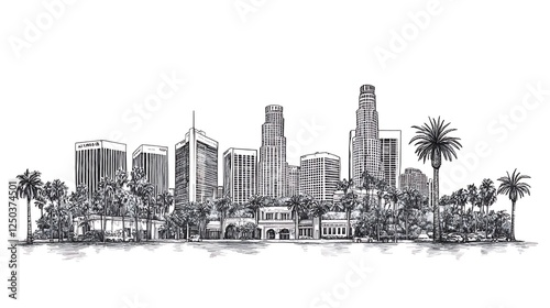 Hand-drawn LA Skyline, Cityscape, Palm Trees