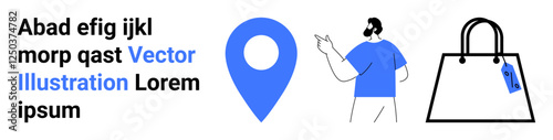 Blue location marker, minimalist man pointing, black shopping bag with tag. Ideal for navigation, e-commerce, retail, wayfinding, advertising logistics travel. Flat landing page banner