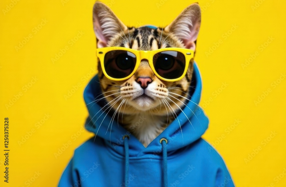 Fototapeta premium Stylish cat in a blue sweatshirt and yellow sunglasses, monochrome yellow background, commercial photography,