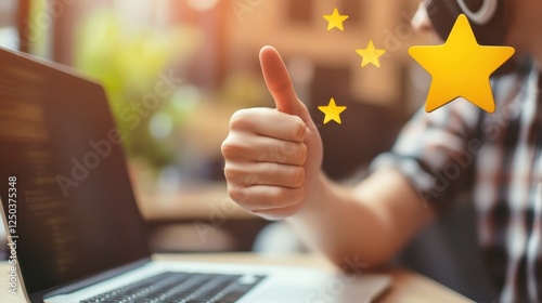 Customers at laptop and headset giving thumb up, rating stars. Customer feedback, customer rating feedback, customer relationship management concept. Header or footer banner template with copy space. photo