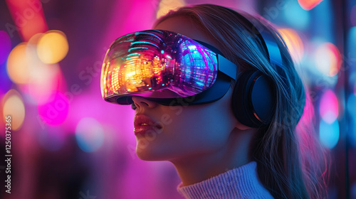 Woman Wearing VR Headset Neon Lights Metaverse Future Digital Technology Experience Girl Pink Blue  