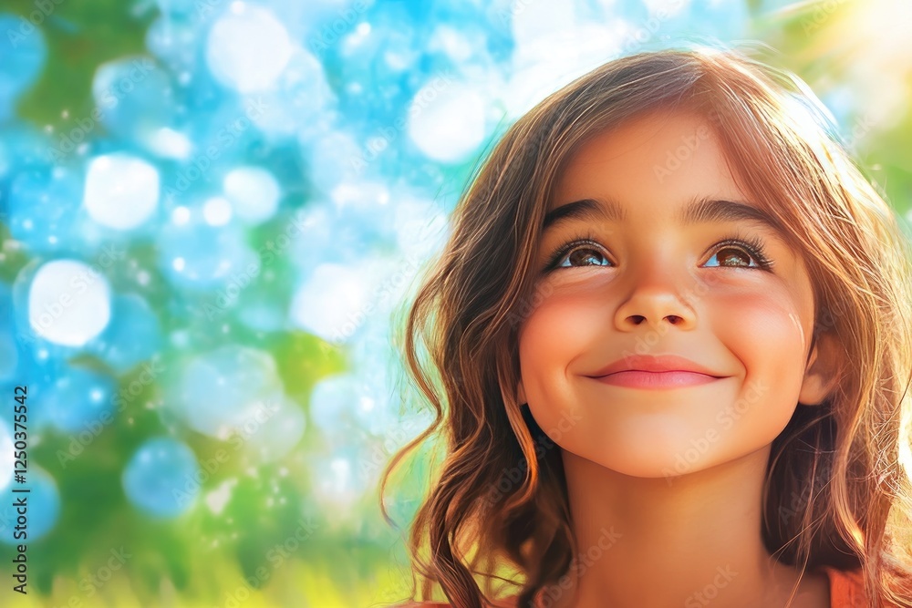 Joyful Young Girl with Dreamy Expression in Sunlit Bokeh Background Joyful Young Girl with Dreamy Expression in Sunlit Bokeh Background