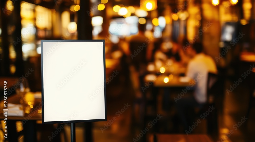 Blank poster mockup on a stand in a cozy restaurant setting filled with ambient light, perfect for showcasing artwork or promotional material. Interior design inspiration. Template. Blank poster mockup on a stand in a cozy restaurant setting filled with ambient light, perfect for showcasing artwork or promotional material. Interior design inspiration. Template.
