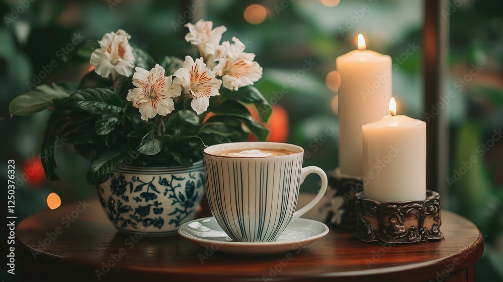 Serene Coffee Break: Latte with Candles and Floral Arrangement on Wooden Table in Cozy Ambiance Serene Coffee Break: Latte with Candles and Floral Arrangement on Wooden Table in Cozy Ambiance